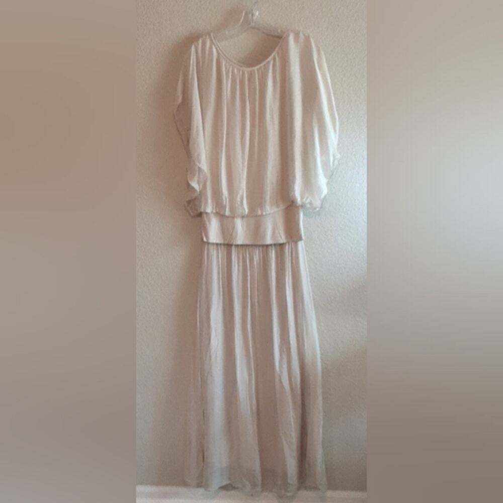 Guisy Made in Italy NEW Lined Sheer Silk Blend Tan Creme Skirt L & Top M 2PCSET